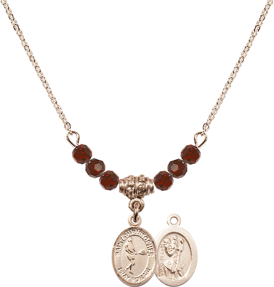 14kt Gold Filled Saint Christopher/Tennis Birthstone Necklace with Garnet Beads - 9156