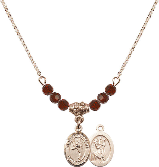 14kt Gold Filled Saint Christopher/Martial Arts Birthstone Necklace with Garnet Beads - 9158