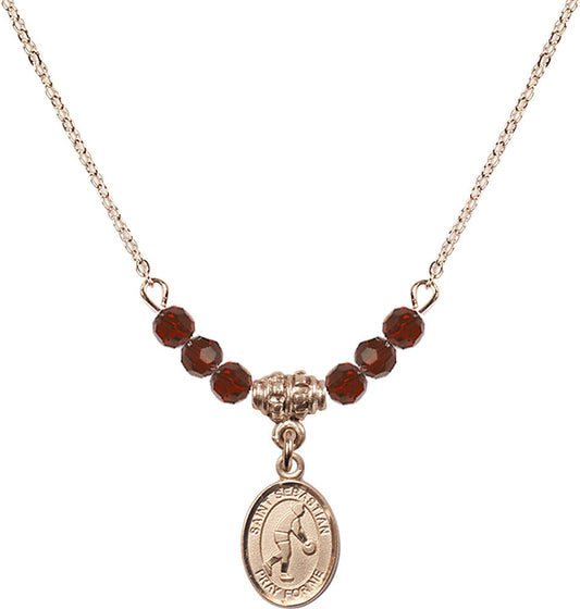 14kt Gold Filled Saint Sebastian/Basketball Birthstone Necklace with Garnet Beads - 9163