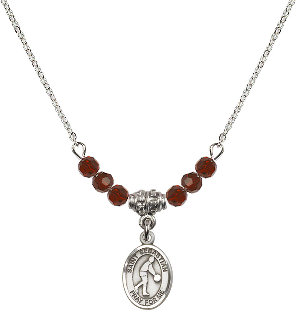 Sterling Silver Saint Sebastian/Basketball Birthstone Necklace with Garnet Beads - 9163