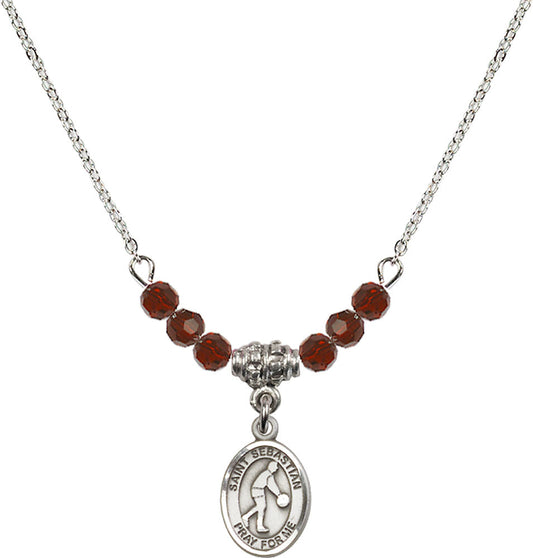 Sterling Silver Saint Sebastian/Basketball Birthstone Necklace with Garnet Beads - 9163