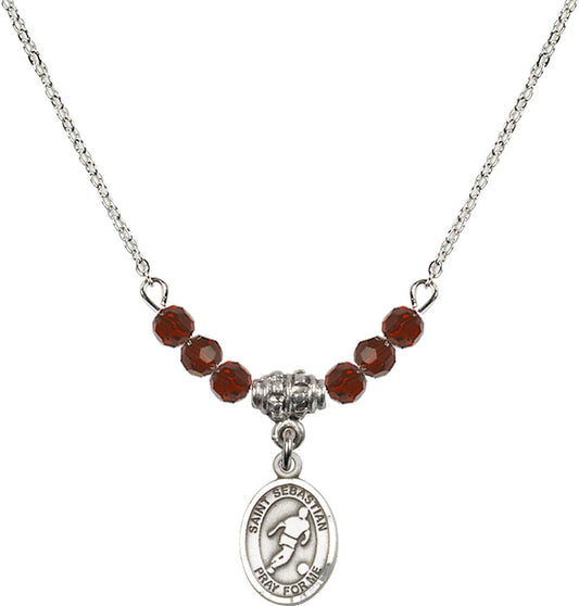 Sterling Silver Saint Sebastian/Soccer Birthstone Necklace with Garnet Beads - 9164