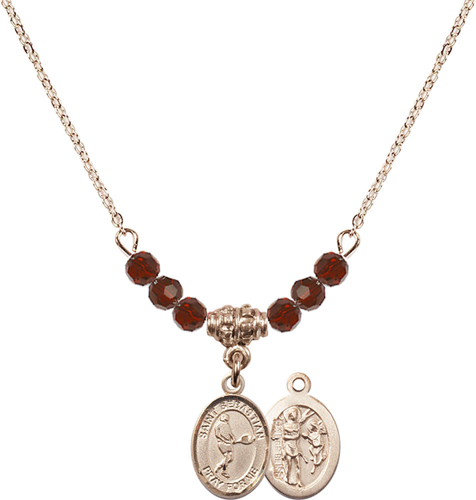 14kt Gold Filled Saint Sebastian/Tennis Birthstone Necklace with Garnet Beads - 9166