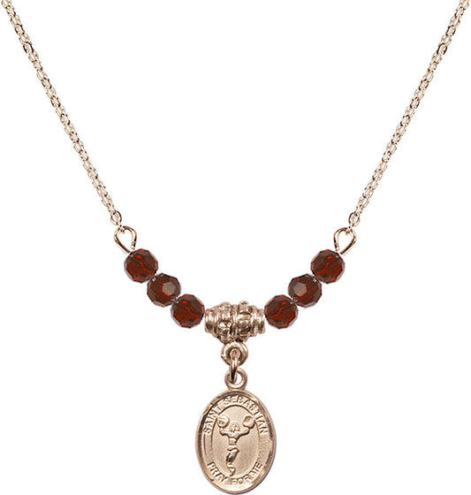 14kt Gold Filled Saint Sebastian/Cheerleading Birthstone Necklace with Garnet Beads - 9170