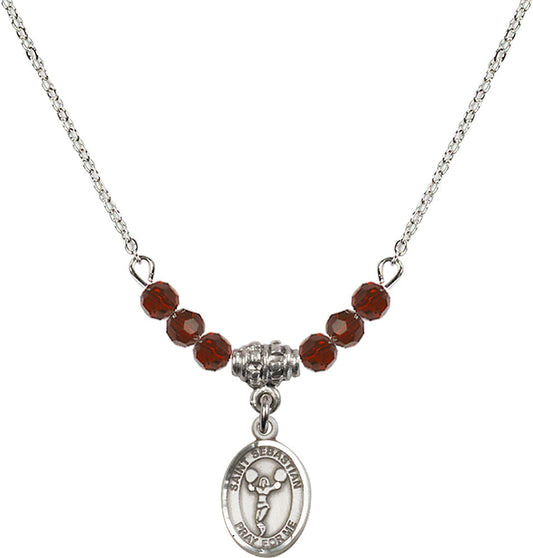 Sterling Silver Saint Sebastian/Cheerleading Birthstone Necklace with Garnet Beads - 9170