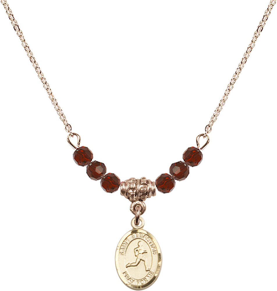 14kt Gold Filled Saint Sebastian/Track & Field Birthstone Necklace with Garnet Beads - 9176