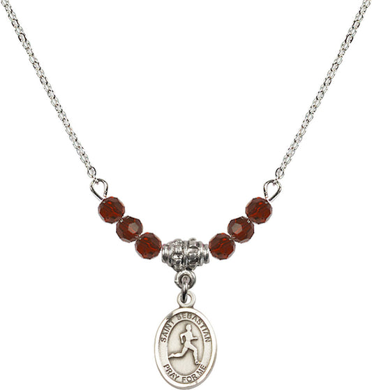 Sterling Silver Saint Sebastian/Track & Field Birthstone Necklace with Garnet Beads - 9176