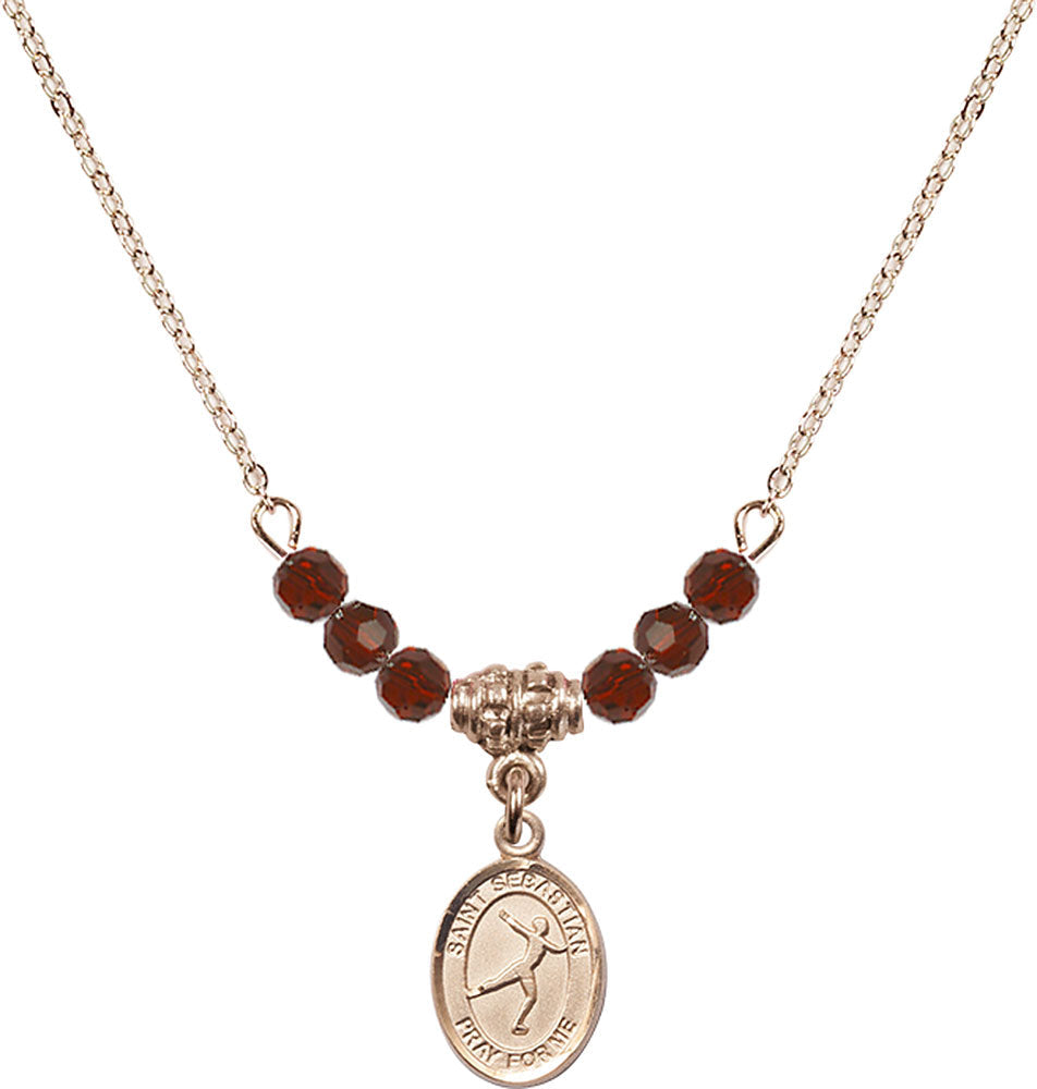 14kt Gold Filled Saint Sebastian/Figure Skating Birthstone Necklace with Garnet Beads - 9177