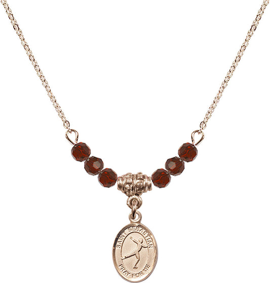 14kt Gold Filled Saint Sebastian/Figure Skating Birthstone Necklace with Garnet Beads - 9177
