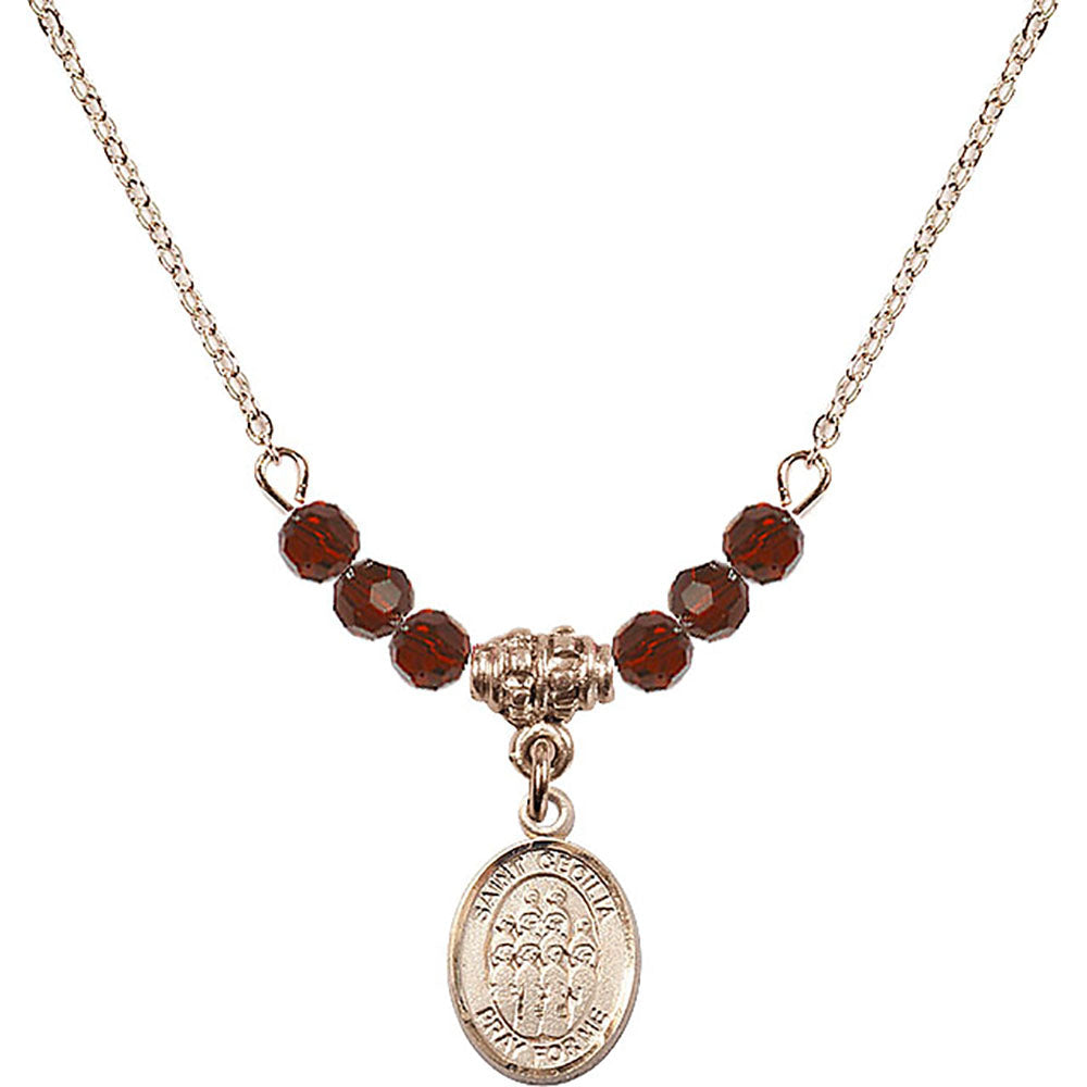 14kt Gold Filled Saint Cecilia / Choir Birthstone Necklace with Garnet Beads - 9180