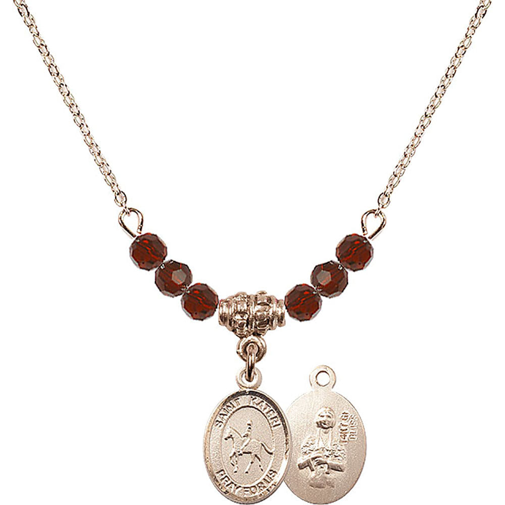 14kt Gold Filled Saint Kateri/Equestrian Birthstone Necklace with Garnet Beads - 9182