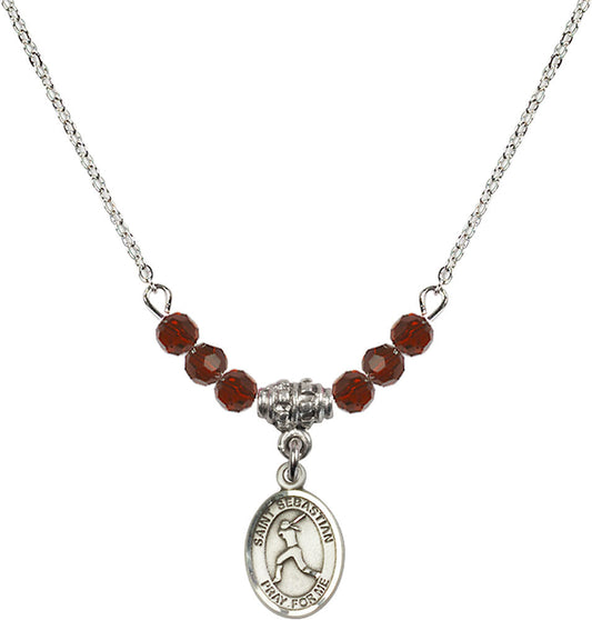 Sterling Silver Saint Sebastian/Softball Birthstone Necklace with Garnet Beads - 9183