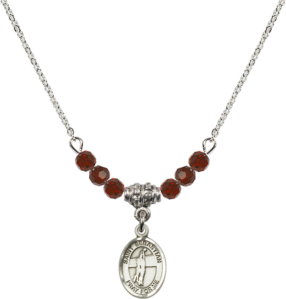 Sterling Silver Saint Sebastian / Volleyball Birthstone Necklace with Garnet Beads - 9186
