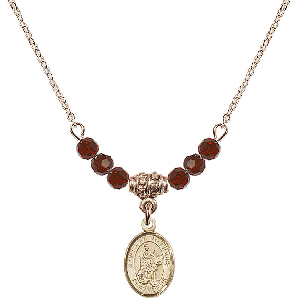 14kt Gold Filled Saint Martin of Tours Birthstone Necklace with Garnet Beads - 9200