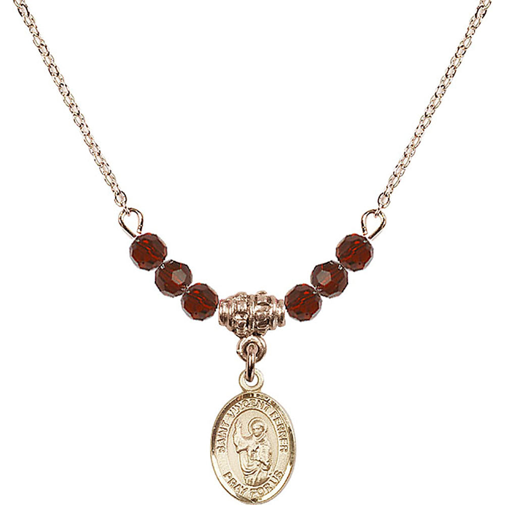 14kt Gold Filled Saint Vincent Ferrer Birthstone Necklace with Garnet Beads - 9201