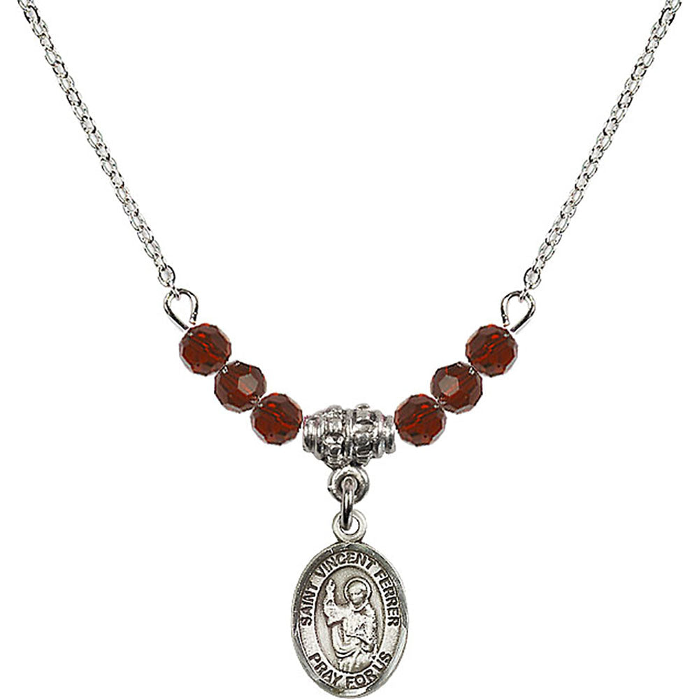 Sterling Silver Saint Vincent Ferrer Birthstone Necklace with Garnet Beads - 9201