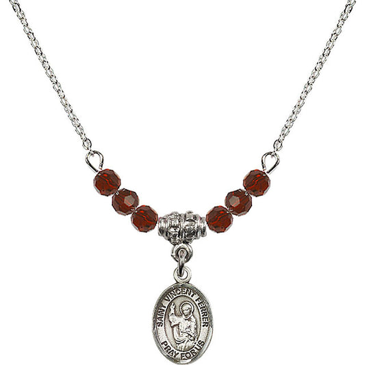 Sterling Silver Saint Vincent Ferrer Birthstone Necklace with Garnet Beads - 9201