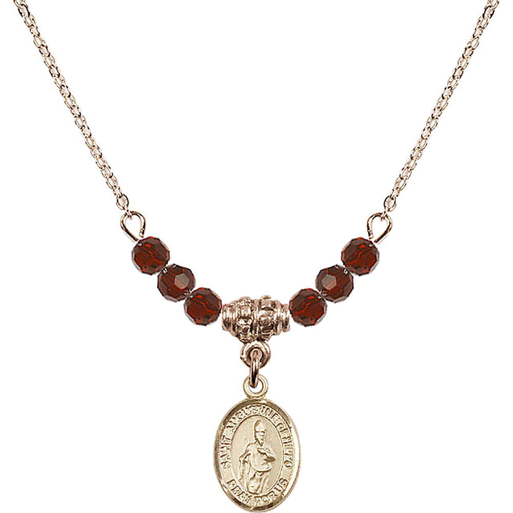 14kt Gold Filled Saint Augustine of Hippo Birthstone Necklace with Garnet Beads - 9202