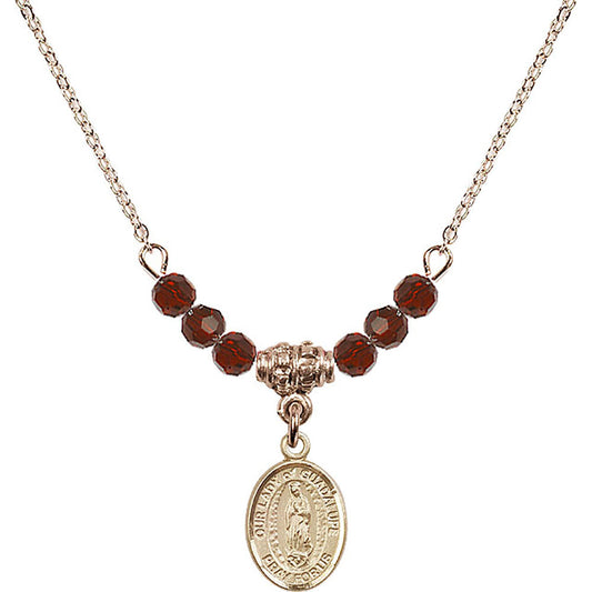 14kt Gold Filled Our Lady of Guadalupe Birthstone Necklace with Garnet Beads - 9206