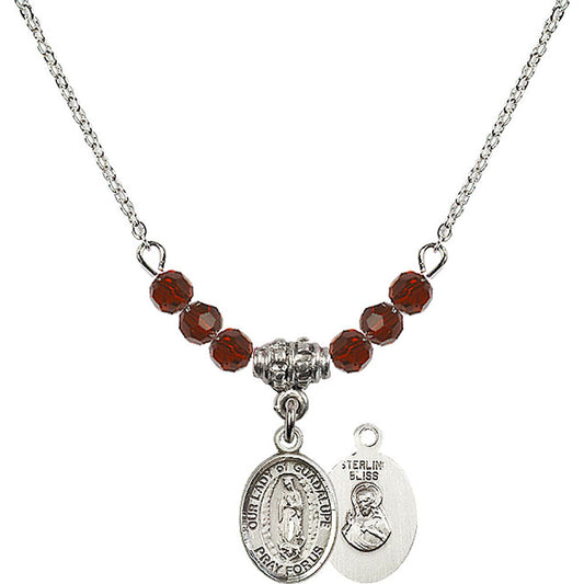 Sterling Silver Our Lady of Guadalupe Birthstone Necklace with Garnet Beads - 9206