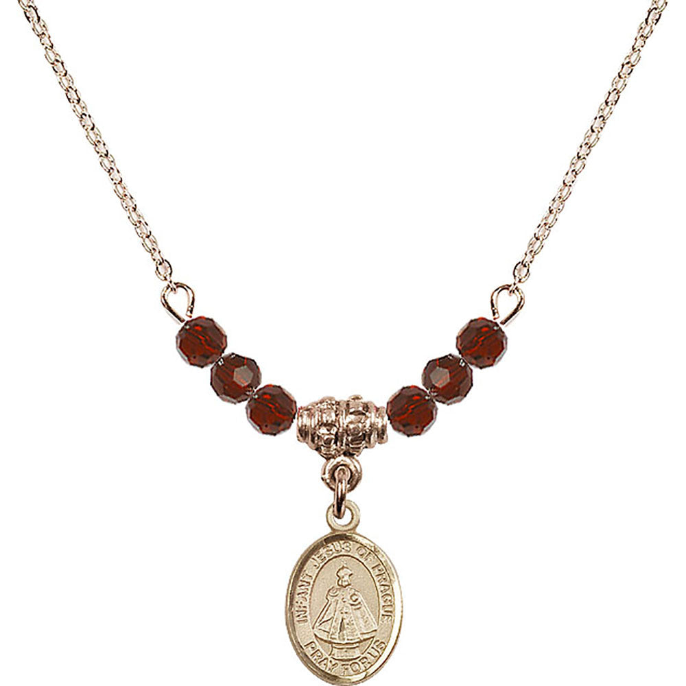 14kt Gold Filled Infant of Prague Birthstone Necklace with Garnet Beads - 9207