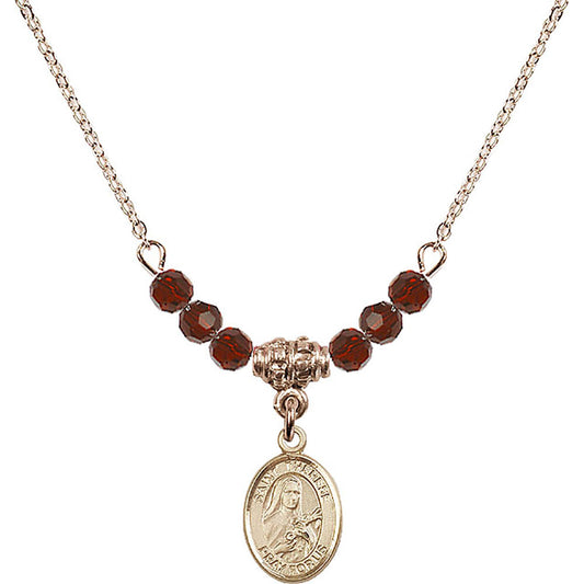 14kt Gold Filled Saint Therese of Lisieux Birthstone Necklace with Garnet Beads - 9210