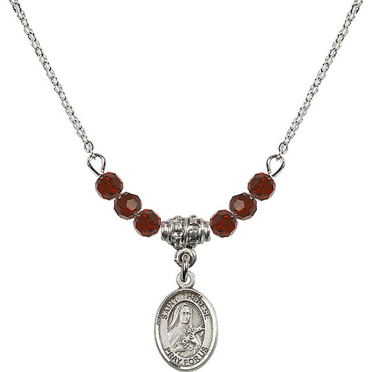 Sterling Silver Saint Therese of Lisieux Birthstone Necklace with Garnet Beads - 9210