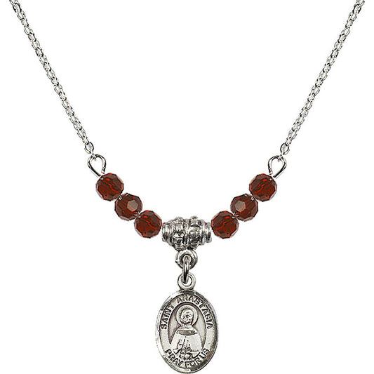Sterling Silver Saint Anastasia Birthstone Necklace with Garnet Beads - 9213