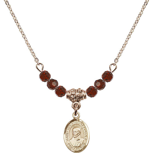 14kt Gold Filled Saint Ignatius of Loyola Birthstone Necklace with Garnet Beads - 9217