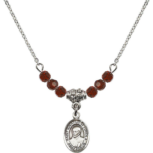 Sterling Silver Saint Ignatius of Loyola Birthstone Necklace with Garnet Beads - 9217