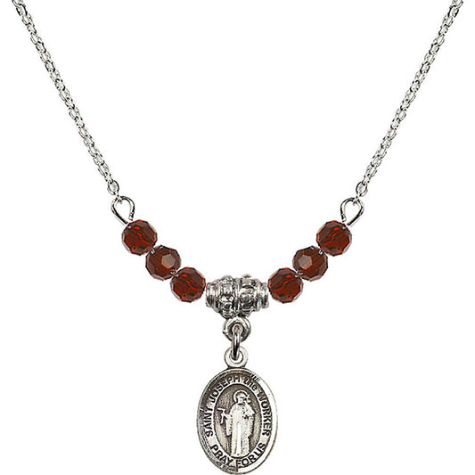 Sterling Silver Saint Joseph the Worker Birthstone Necklace with Garnet Beads - 9220