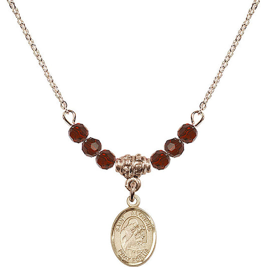 14kt Gold Filled Saint Aloysius Gonzaga Birthstone Necklace with Garnet Beads - 9225