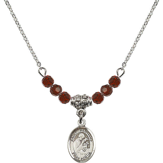 Sterling Silver Saint Aloysius Gonzaga Birthstone Necklace with Garnet Beads - 9225