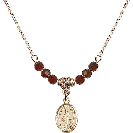 14kt Gold Filled Our Lady of Lebanon Birthstone Necklace with Garnet Beads - 9229