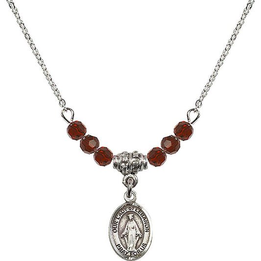 Sterling Silver Our Lady of Lebanon Birthstone Necklace with Garnet Beads - 9229