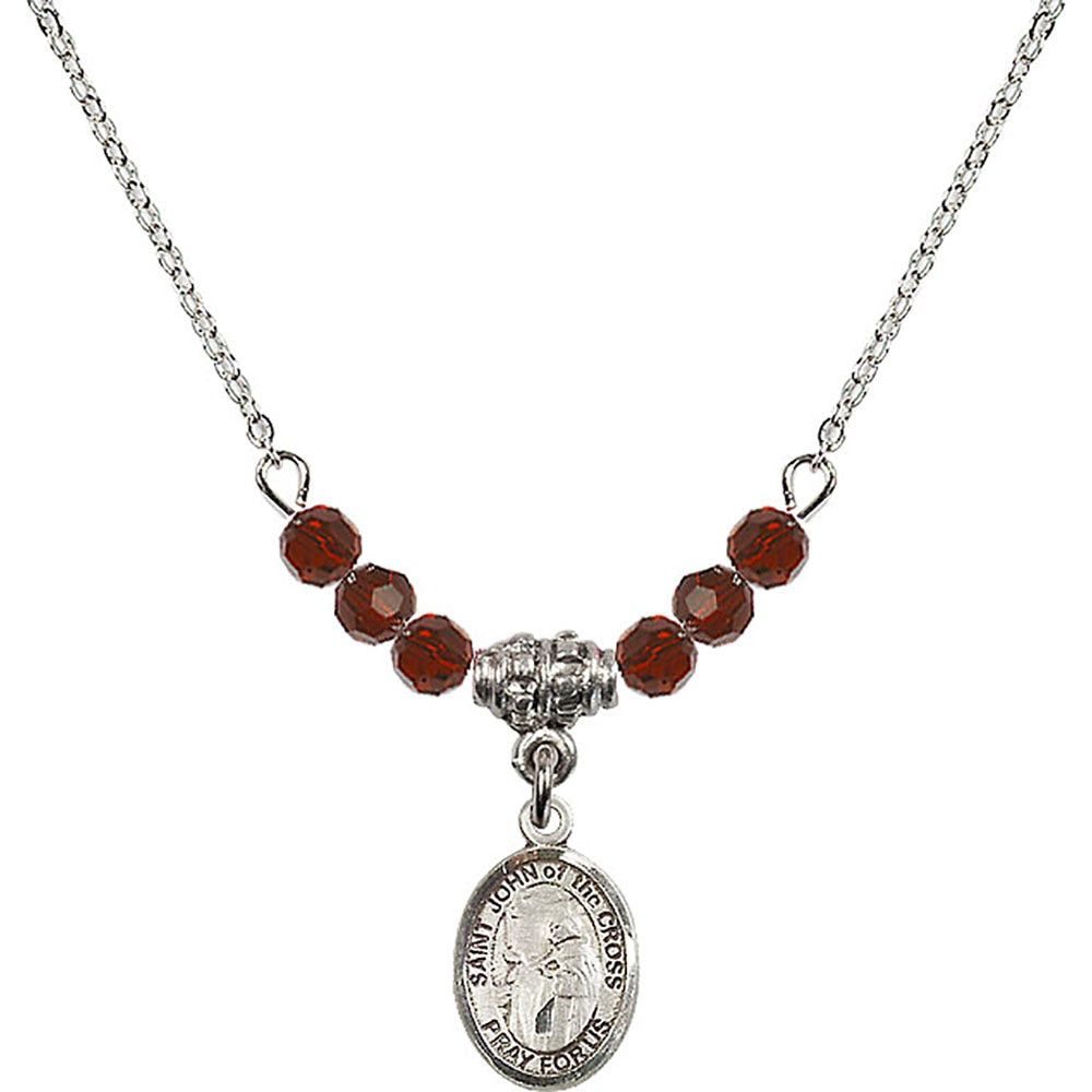 Sterling Silver Saint John of the Cross Birthstone Necklace with Garnet Beads - 9231