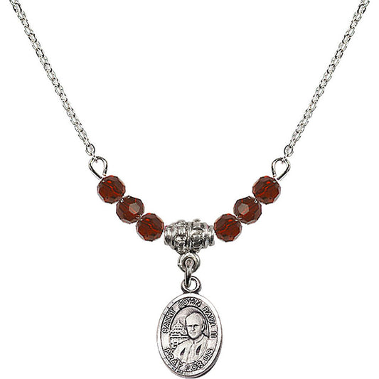 Sterling Silver Saint John Paul II Birthstone Necklace with Garnet Beads - 9234