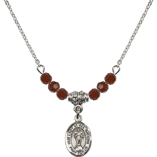 Sterling Silver Our Lady of All Nations Birthstone Necklace with Garnet Beads - 9242