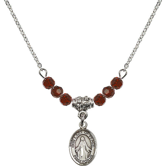 Sterling Silver Our Lady of Peace Birthstone Necklace with Garnet Beads - 9245