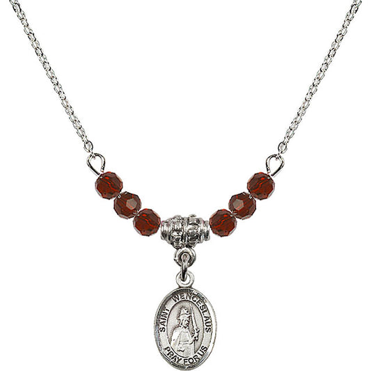 Sterling Silver Saint Wenceslaus Birthstone Necklace with Garnet Beads - 9273