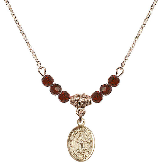 14kt Gold Filled Saint Isidore the Farmer Birthstone Necklace with Garnet Beads - 9276
