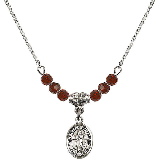 Sterling Silver Saint Isidore the Farmer Birthstone Necklace with Garnet Beads - 9276