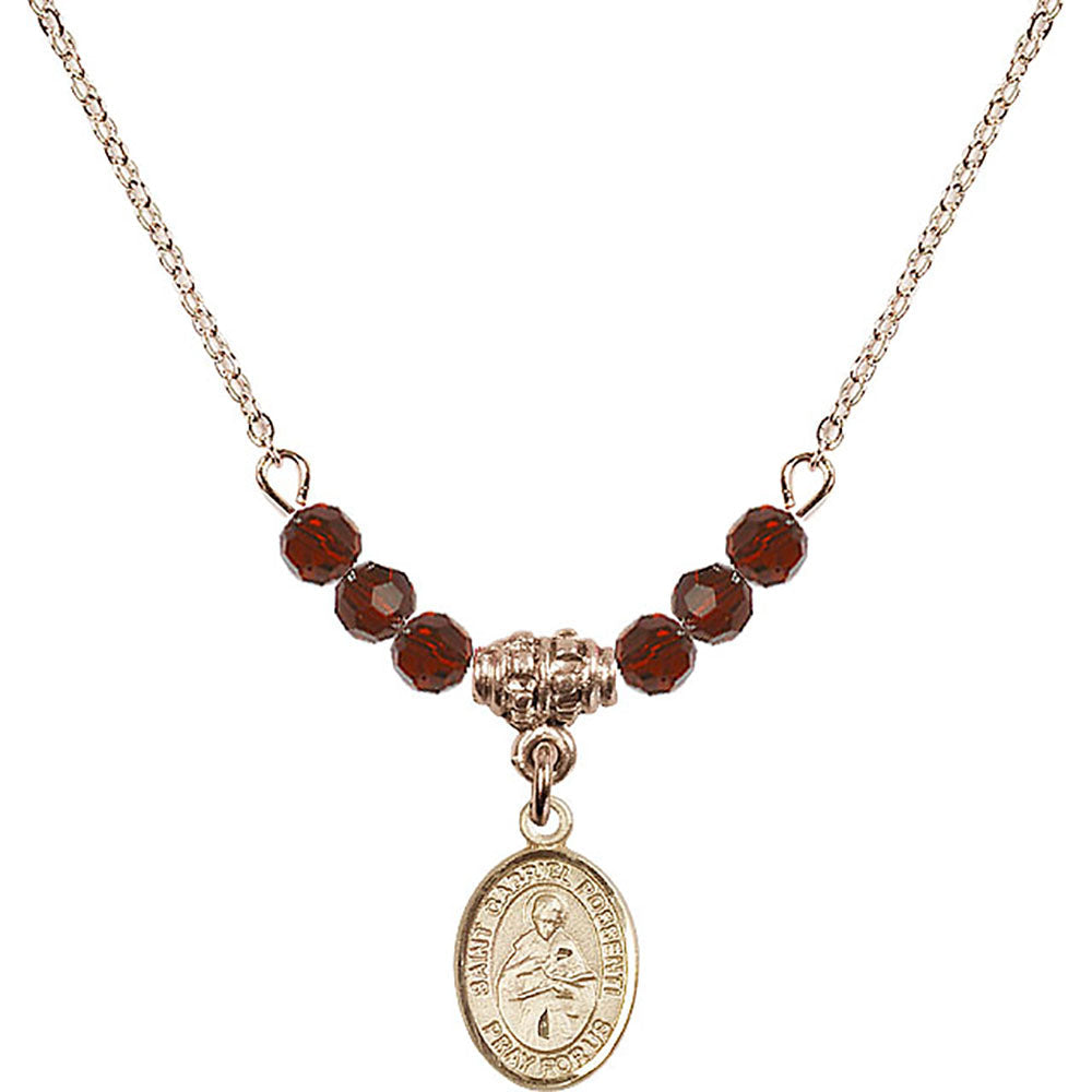 14kt Gold Filled Saint Gabriel Possenti Birthstone Necklace with Garnet Beads - 9279