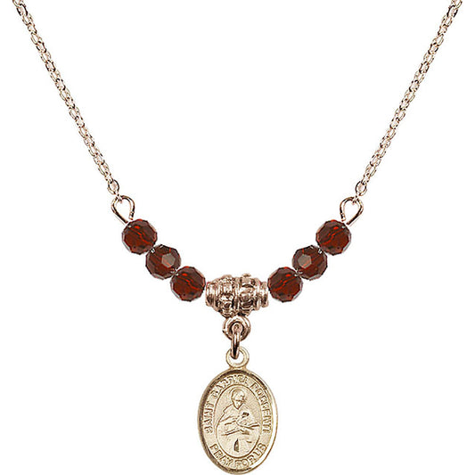 14kt Gold Filled Saint Gabriel Possenti Birthstone Necklace with Garnet Beads - 9279