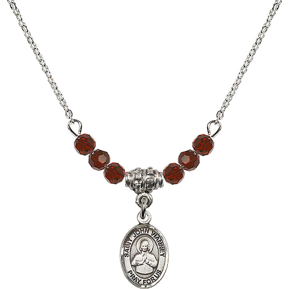 Sterling Silver Saint John Vianney Birthstone Necklace with Garnet Beads - 9282