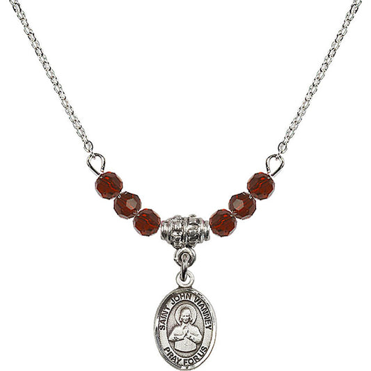 Sterling Silver Saint John Vianney Birthstone Necklace with Garnet Beads - 9282