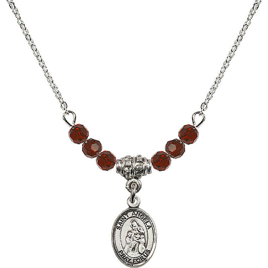 Sterling Silver Saint Angela Merici Birthstone Necklace with Garnet Beads - 9284