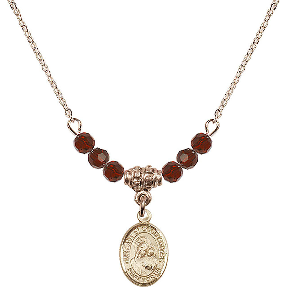 14kt Gold Filled Our Lady of Good Counsel Birthstone Necklace with Garnet Beads - 9287