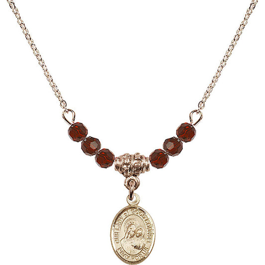 14kt Gold Filled Our Lady of Good Counsel Birthstone Necklace with Garnet Beads - 9287