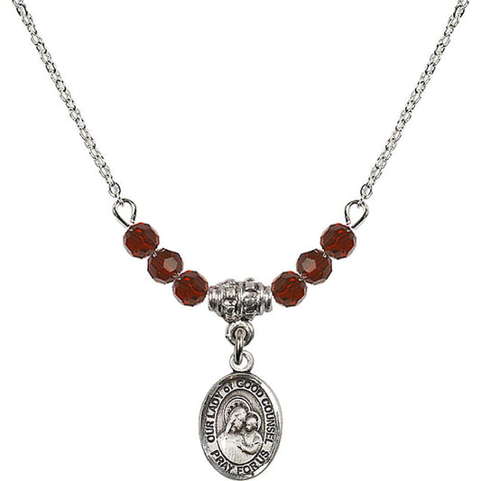 Sterling Silver Our Lady of Good Counsel Birthstone Necklace with Garnet Beads - 9287